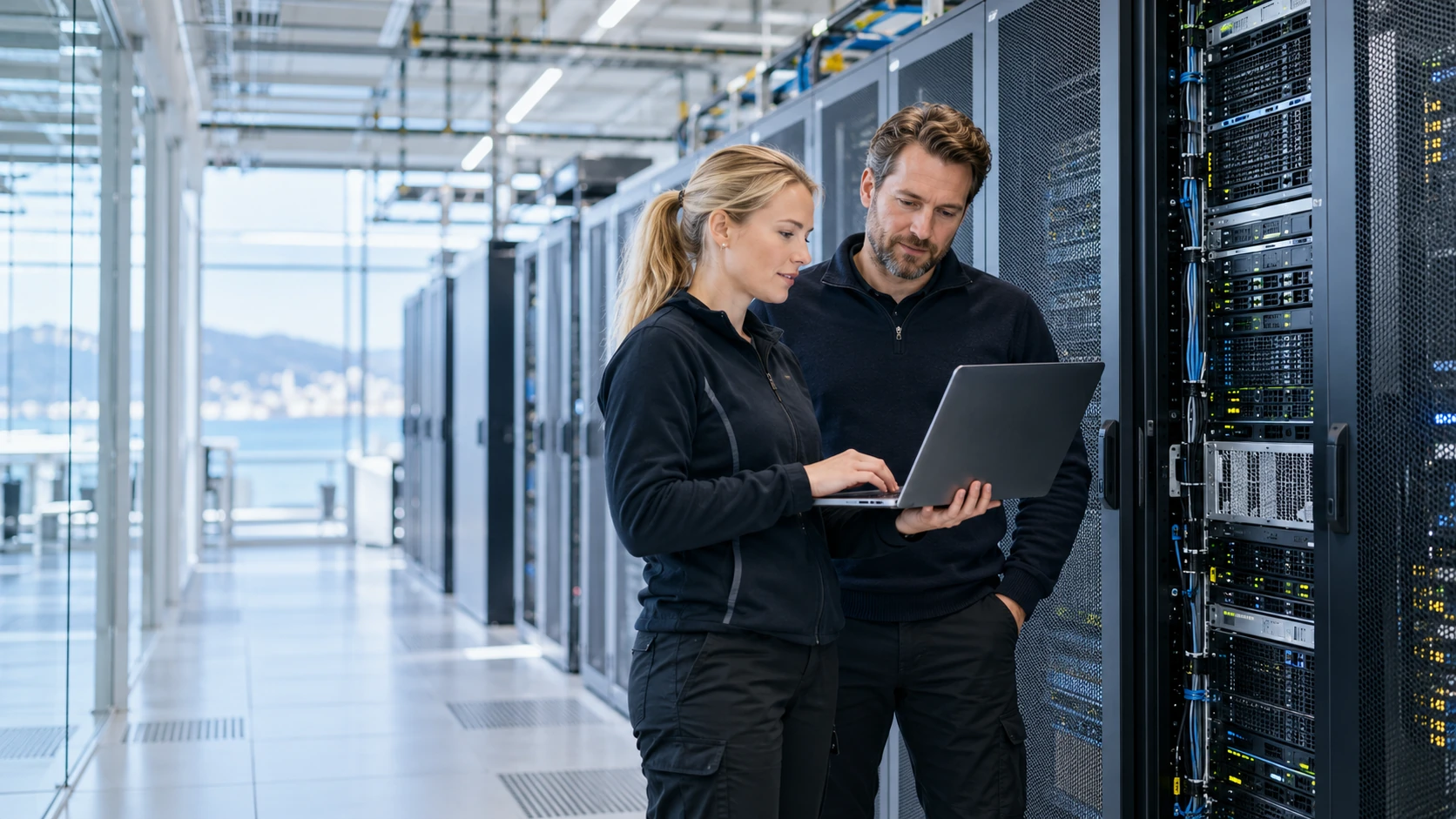Modern datacenter aisle with clean rows of enterprise server racks
