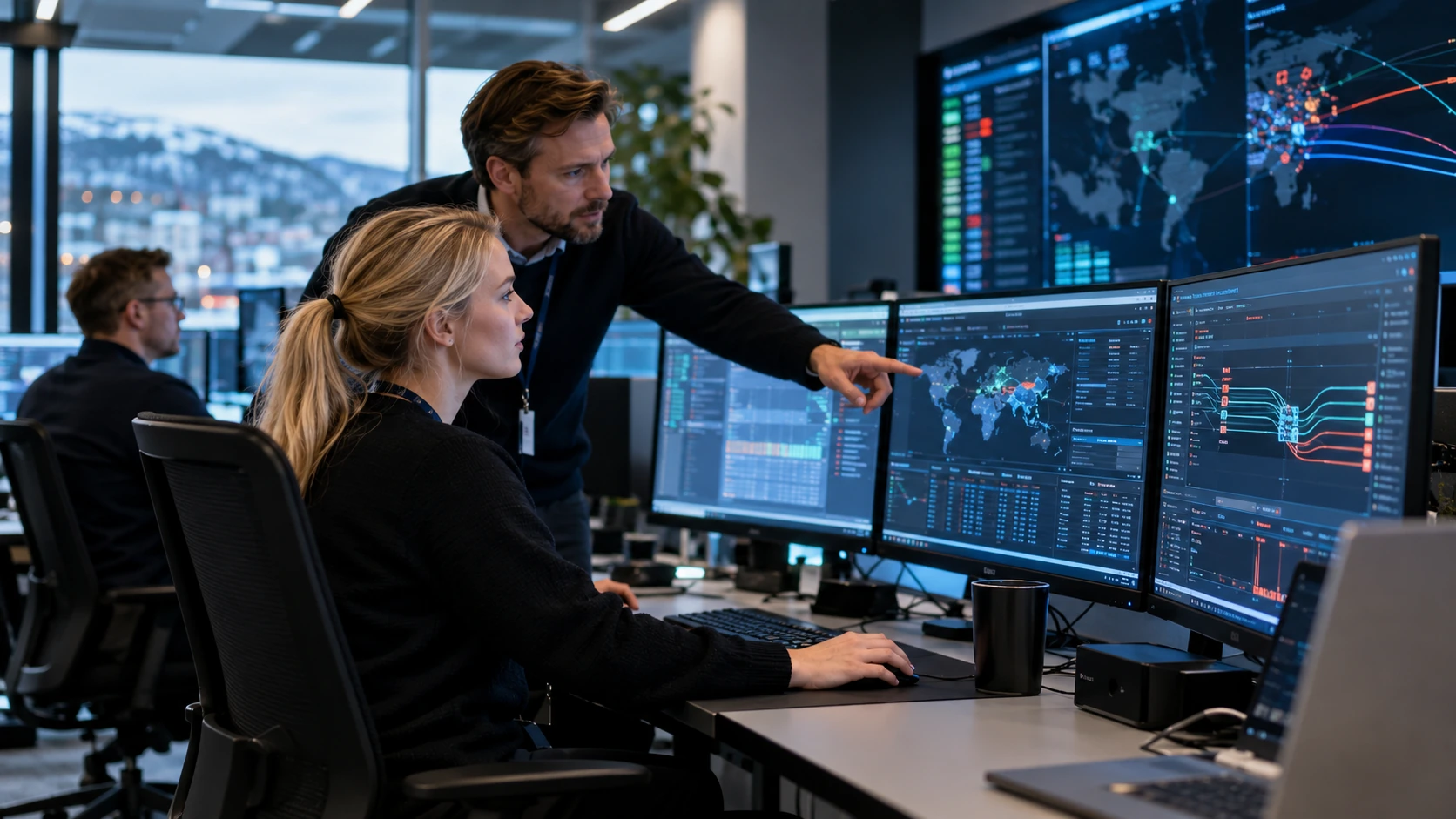 Security specialist reviewing activity on a workstation